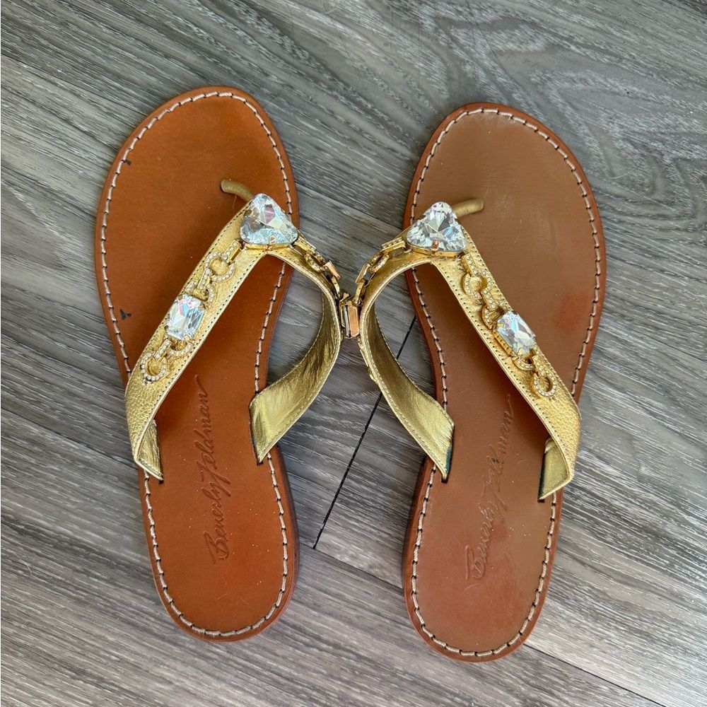 Beverly Feldman vintage Gold Crystal jeweled thong Sandals 7